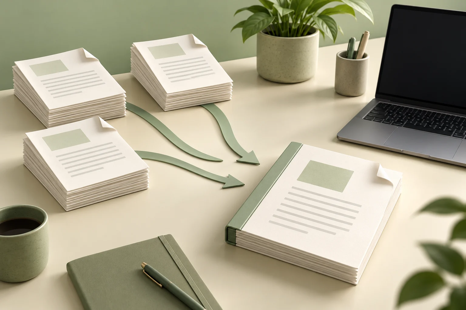 Illustration 3D de documents réunis près d’un ordinateur portable